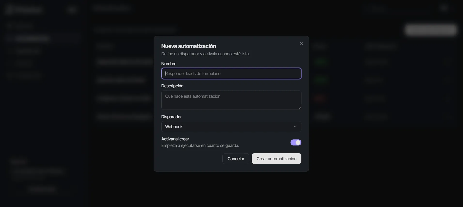 Prozeso app demo — new automation modal